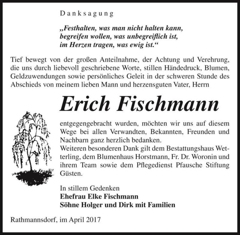  Traueranzeige für Erich Fischmann  vom 22.04.2017 aus Magdeburger Volksstimme