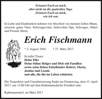 Traueranzeige von Erich Fischmann  von Magdeburger Volksstimme