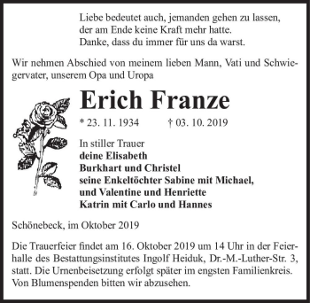 Traueranzeige von Erich Franze  von Magdeburger Volksstimme