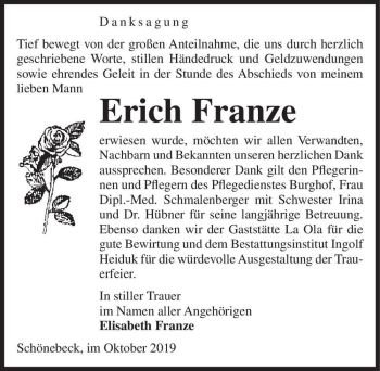Traueranzeige von Erich Franze  von Magdeburger Volksstimme