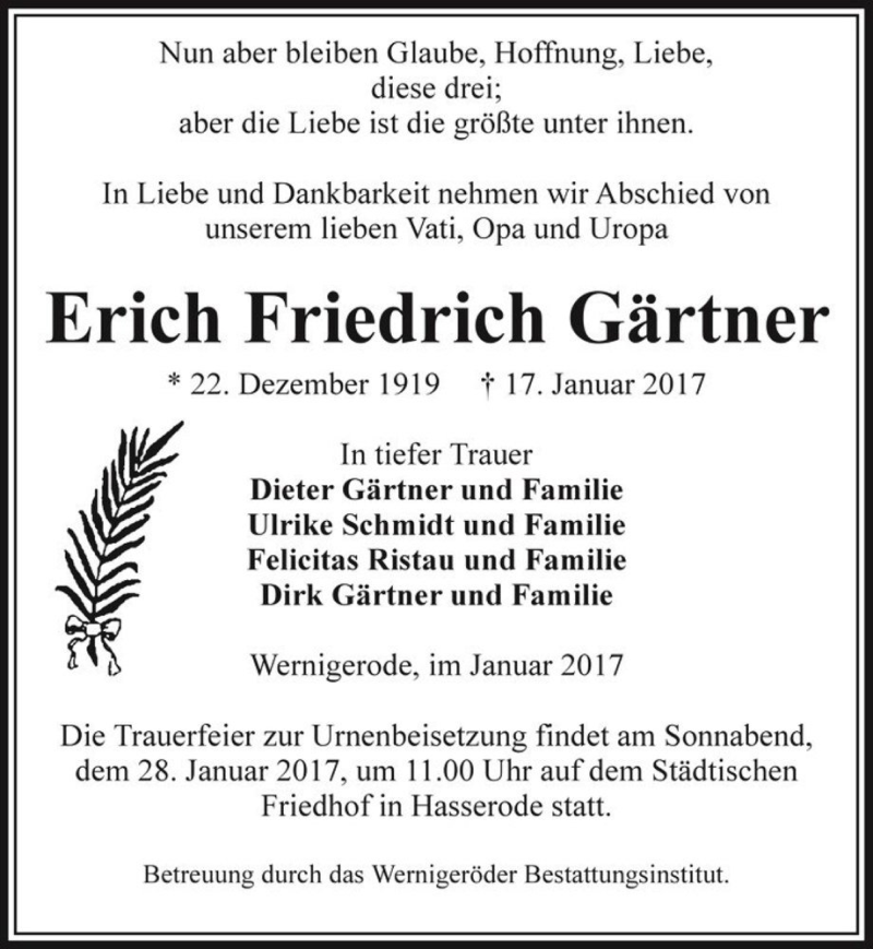 Traueranzeigen von Erich Friedrich Gärtner www.abschiednehmen.de