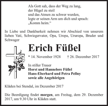 Traueranzeige von Erich Füßel  von Magdeburger Volksstimme