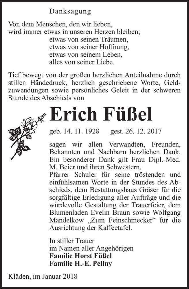  Traueranzeige für Erich Füßel  vom 12.01.2018 aus Magdeburger Volksstimme