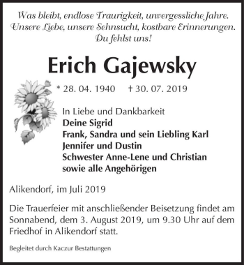Traueranzeige von Erich Gajewsky  von Magdeburger Volksstimme