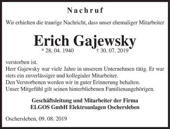 Traueranzeige von Erich Gajewsky  von Magdeburger Volksstimme