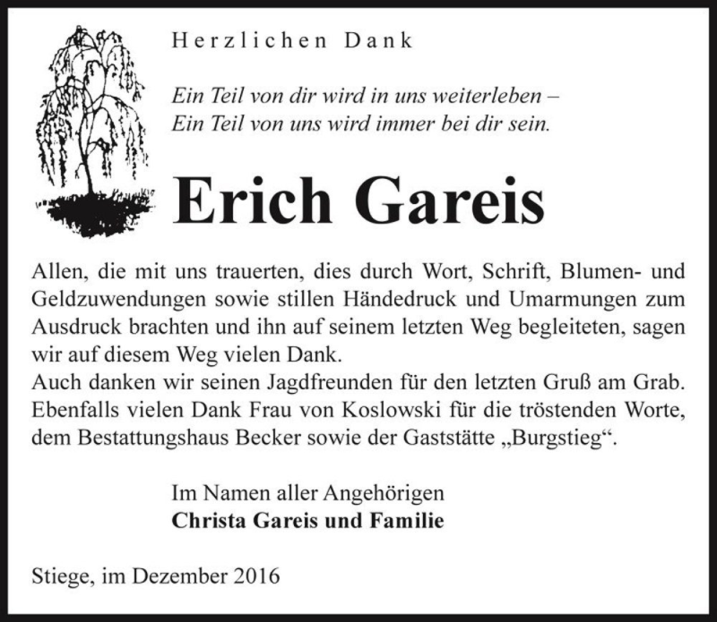  Traueranzeige für Erich Gareis  vom 03.12.2016 aus Magdeburger Volksstimme