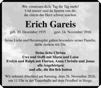 Traueranzeige von Erich Gareis  von Magdeburger Volksstimme