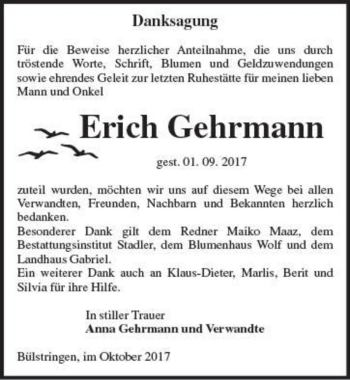 Traueranzeige von Erich Gehrmann  von Magdeburger Volksstimme
