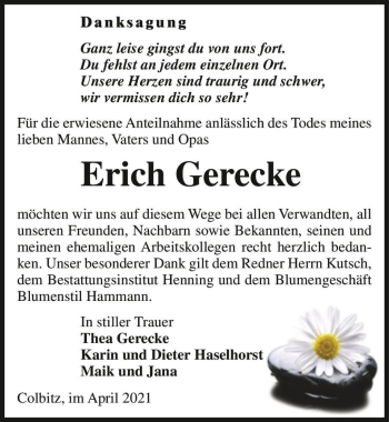Traueranzeige von Erich Gerecke  von Magdeburger Volksstimme