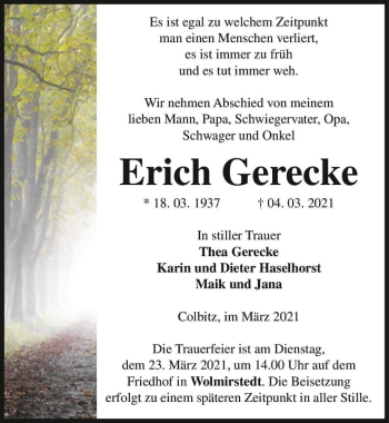 Traueranzeige von Erich Gerecke  von Magdeburger Volksstimme