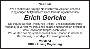 Traueranzeige von Erich Gericke  von Magdeburger Volksstimme