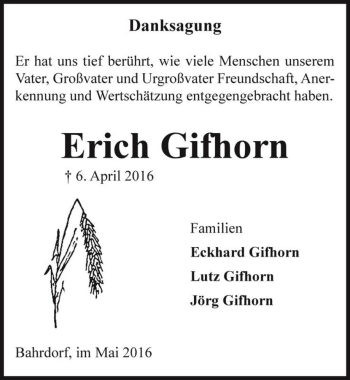 Traueranzeige von Erich Gifhorn  von Magdeburger Volksstimme