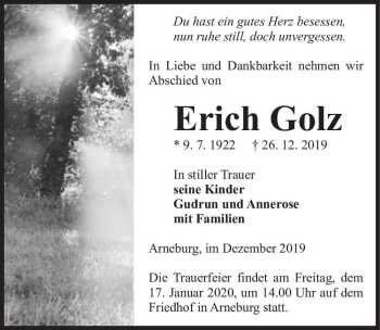 Traueranzeige von Erich Golz  von Magdeburger Volksstimme