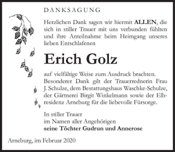 Traueranzeige von Erich Golz  von Magdeburger Volksstimme