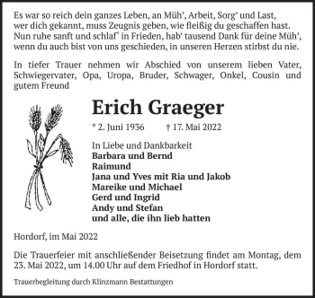 Traueranzeige von Erich Graeger  von Magdeburger Volksstimme