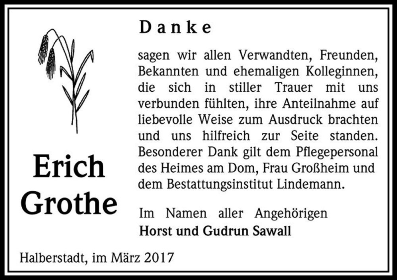  Traueranzeige für Erich Grothe  vom 18.03.2017 aus Magdeburger Volksstimme