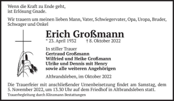 Traueranzeige von Erich Großmann  von Magdeburger Volksstimme