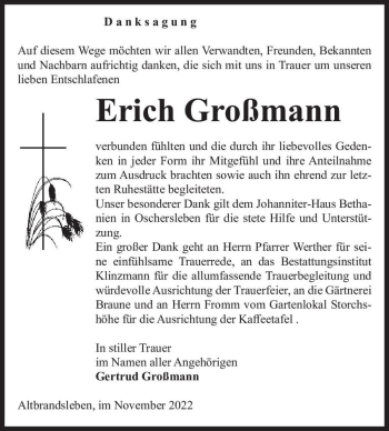Traueranzeige von Erich Großmann  von Magdeburger Volksstimme