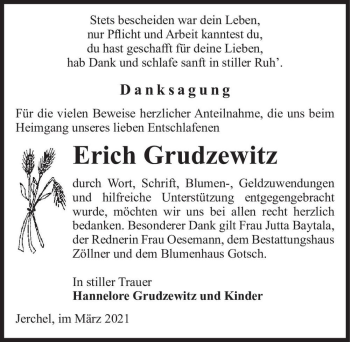 Traueranzeige von Erich Grudzewitz  von Magdeburger Volksstimme