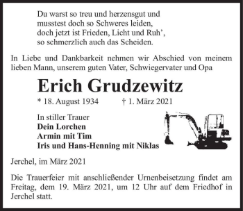 Traueranzeige von Erich Grudzewitz  von Magdeburger Volksstimme