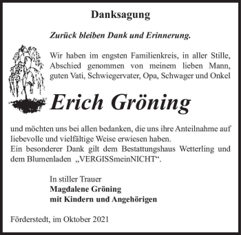 Traueranzeige von Erich Gröning  von Magdeburger Volksstimme