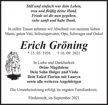 Traueranzeige von Erich Gröning  von Magdeburger Volksstimme