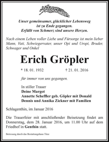 Traueranzeige von Erich Gröpler  von Magdeburger Volksstimme
