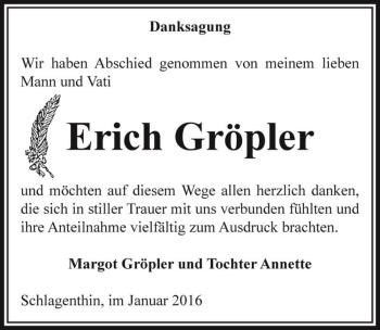 Traueranzeige von Erich Gröpler  von Magdeburger Volksstimme