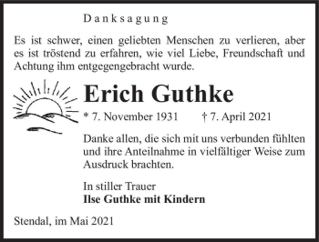 Traueranzeige von Erich Guthke  von Magdeburger Volksstimme