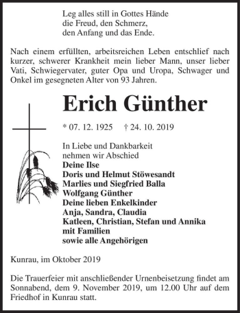 Traueranzeige von Erich Günther  von Magdeburger Volksstimme