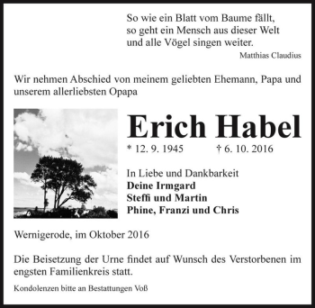 Traueranzeige von Erich Habel  von Magdeburger Volksstimme