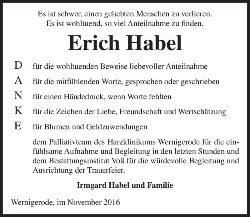  Traueranzeige für Erich Habel  vom 05.11.2016 aus Magdeburger Volksstimme