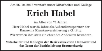 Traueranzeige von Erich Habel  von Magdeburger Volksstimme