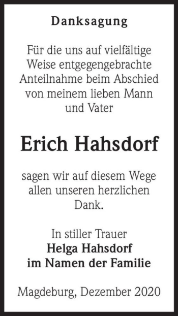 Traueranzeige von Erich Hahsdorf  von Magdeburger Volksstimme