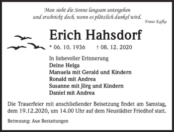 Traueranzeige von Erich Hahsdorf  von Magdeburger Volksstimme