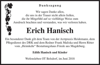 Traueranzeige von Erich Hanisch  von Magdeburger Volksstimme