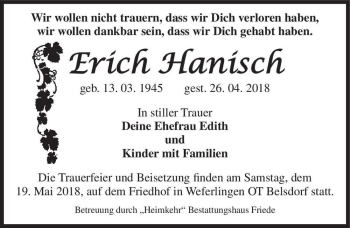 Traueranzeige von Erich Hanisch  von Magdeburger Volksstimme