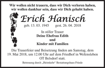 Traueranzeige von Erich Hanisch  von Magdeburger Volksstimme