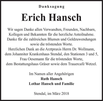 Traueranzeige von Erich Hansch  von Magdeburger Volksstimme