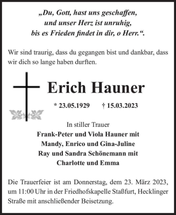 Traueranzeige von Erich Hauner  von Magdeburger Volksstimme