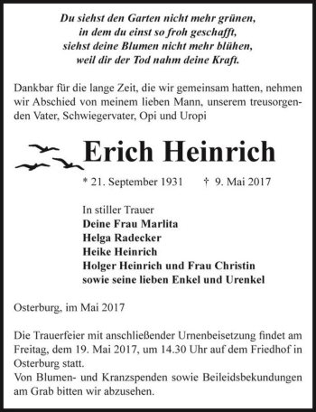 Traueranzeige von Erich Heinrich  von Magdeburger Volksstimme