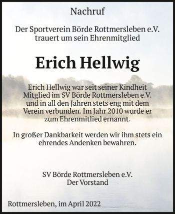 Traueranzeige von Erich Hellwig  von Magdeburger Volksstimme