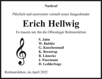 Traueranzeige von Erich Hellwig  von Magdeburger Volksstimme