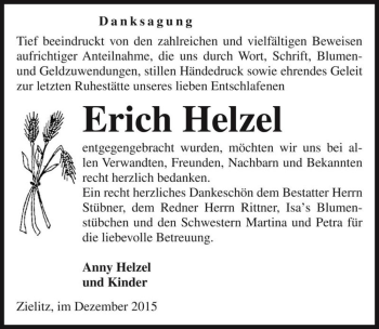Traueranzeige von Erich Helzel  von Magdeburger Volksstimme