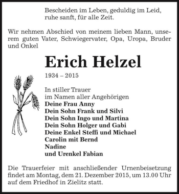 Traueranzeige von Erich Helzel  von Magdeburger Volksstimme