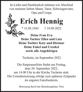 Traueranzeige von Erich Hennig  von Magdeburger Volksstimme