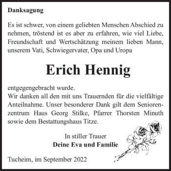 Traueranzeige von Erich Hennig  von Magdeburger Volksstimme