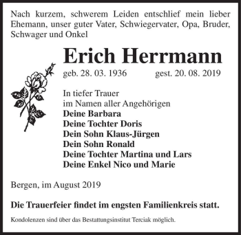Traueranzeige von Erich Herrmann  von Magdeburger Volksstimme