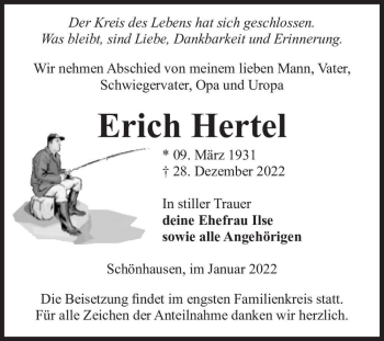 Traueranzeige von Erich Hertel  von Magdeburger Volksstimme