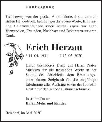 Traueranzeige von Erich Herzau  von Magdeburger Volksstimme